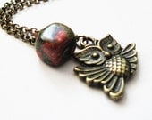 Brass Owl Necklace, Owl Pendant, Owl Charm Necklace, Woodland Creatures, Owl Jewelry, Flying Owl Necklace, Green bead, red stone, owls