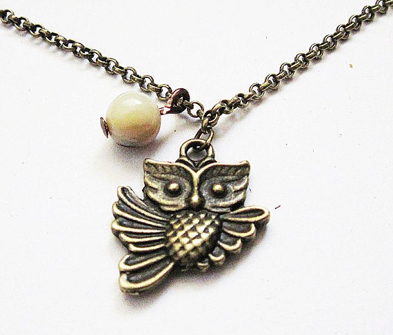 Brass Owl Necklace, Owl Pendant, Owl Charm Necklace, White Opal, Woodland Creatures, Owl Jewelry, Flying Owl Necklace, owl jewellery, brown