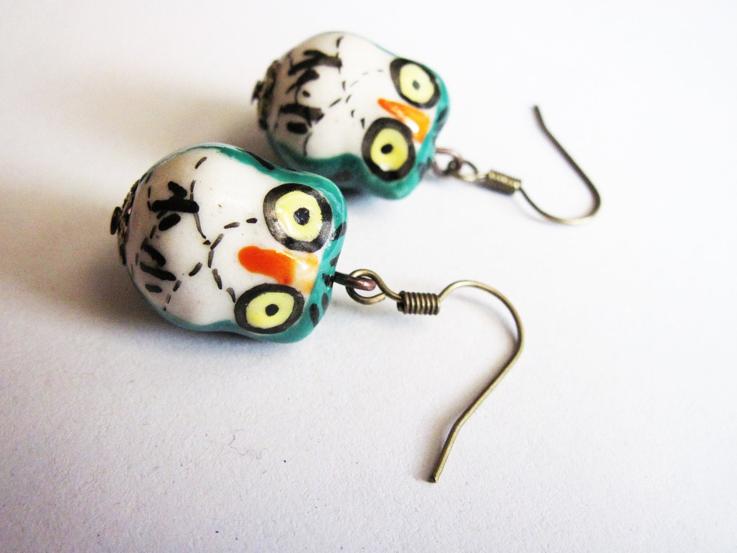 Porcelain Owl Earrings, Dangle Owl Earrings, Beaded Owl Earrings, Brass Owl Earrings, Cute Miniature Owl Jewelry Earrings, Light Blue Owls