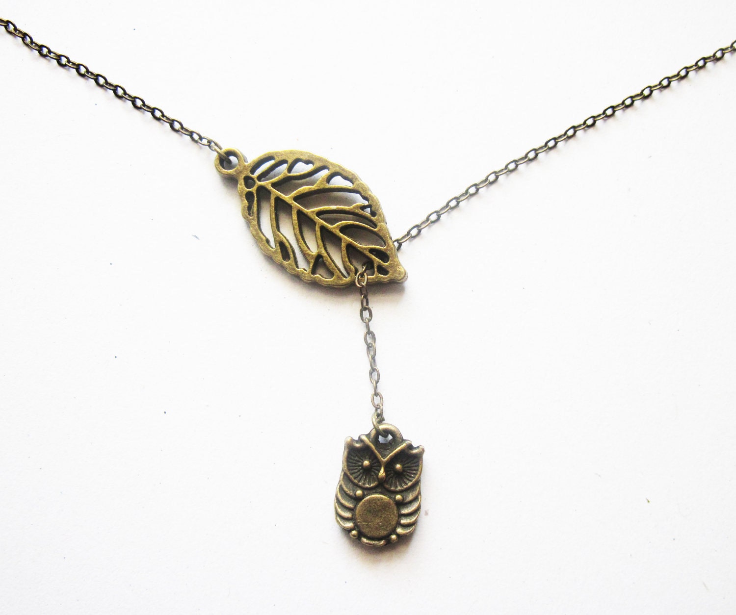 Tiny Owl Necklace, Lariat Necklace, Branch Necklace, Owl Pendant, Owl Jewelry, Skeleton Leaf Jewelry, On Brass Chain, Owl Accessories