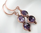 Purple Amethyst Earrings Tumbled Gemstone Copper Hoops / violet grape plum wedding jewelry