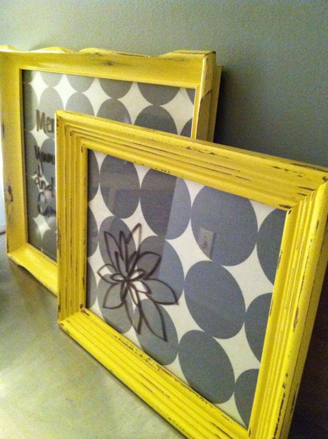 Yellow and Gray Dry Erase message board. Dwell Studio Dotscape fabric.  Shabby Chic Distressed Memo or Note Board Custom 11x13