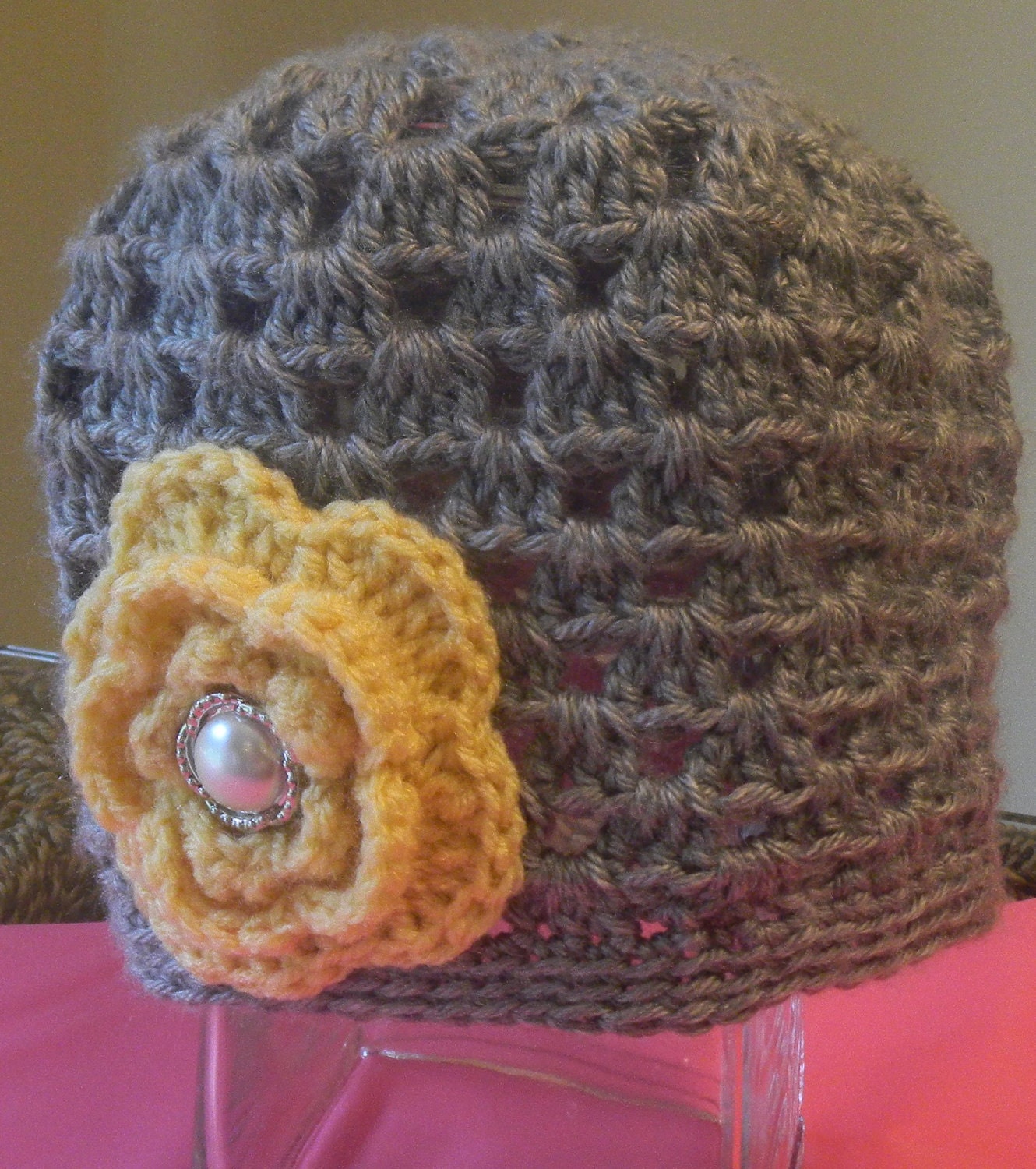 Girls' Shell Cloche with Yellow Flower and Pearlescent Button Embellishment- Ready to Ship