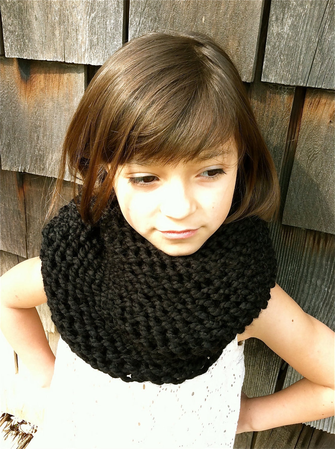 Black Chunky Knit Little Girl Infinity Scarf, Kids Cowl/Circle Scarf