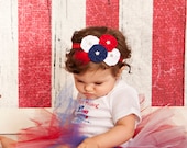 Fireworks headband - red white blue flowers, rhinestones, red feather, red fold over elastic - patriotic fourth of july - LucyLullaby