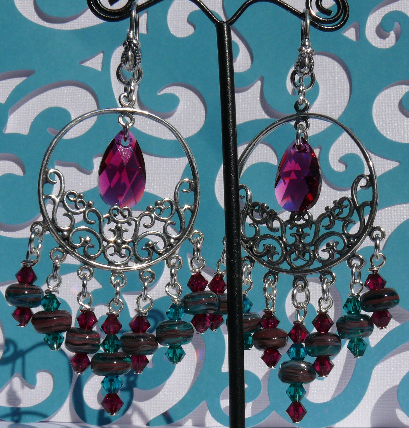 Bohemian Teal and Ruby Red Sterling Silver Filigree Chandelier Earrings