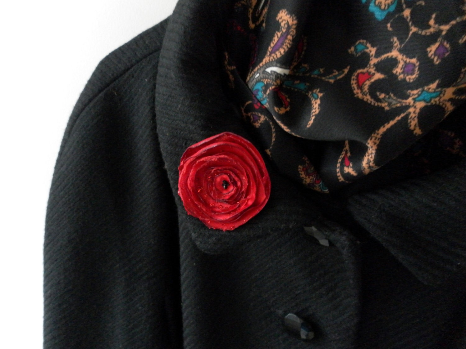 Miss Ruby Red Fabric Flower Brooch, Handmade Fabric Flower Pin, Red Glitter Accessory