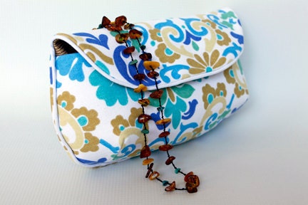 Clutch - Damask Print - Blue and Gold - Birdbags "Dove" Handbag