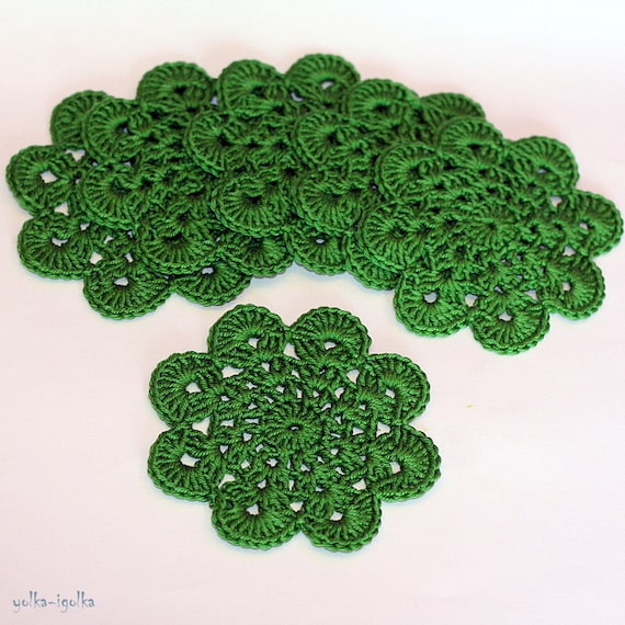Crochet Coasters. Set of 6 pcs. Green. Placemat doilies. St Patricks Day.
