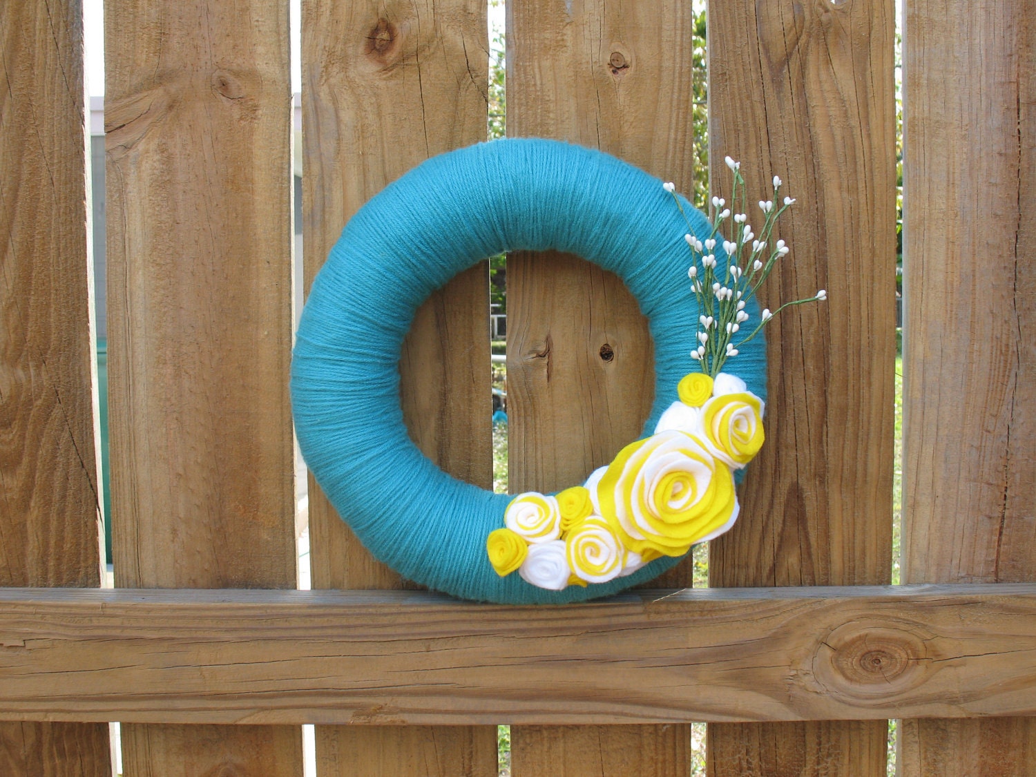 Sunny Side of Spring -Easter Wreath-Spring Decor- 12 inch Aqua Blue Yarn Felt Flower Spring Wreath