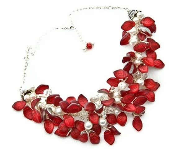 Floral Red Statement Necklace, Flower Necklace, Nature Jewelry, Bridal Jewelry