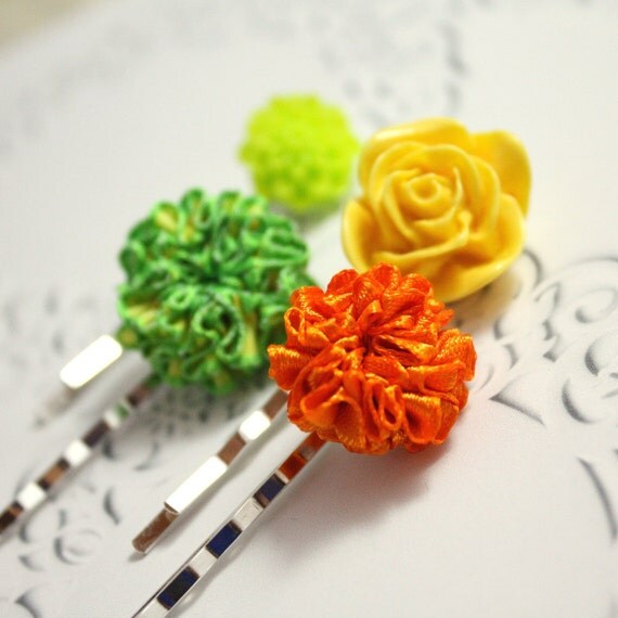 4 Hair Pins for Girls - Resin Flowers and Ruffled Satin Ribbon - Green, Lime, Yellow and Orange