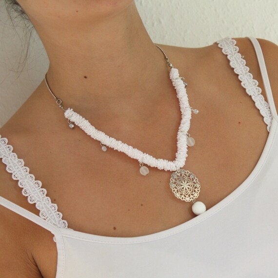 Handmade white lace and ribbon necklace. Bridal necklace. Silver laser cut lace pendant and ruffled satin ribbon necklace.