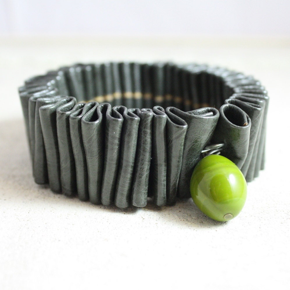 Rustic olive green memory wire bracelet. Faux leather bracelet. Bangle bracelet. Cuff bracelet. One size bracelet. Fall 2012.