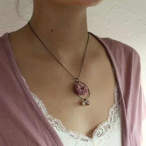 Tea rose pink ruffled ribbon pendant necklace. Romantic and dreamy ruffled ribbon unusual necklace. Gift for her.