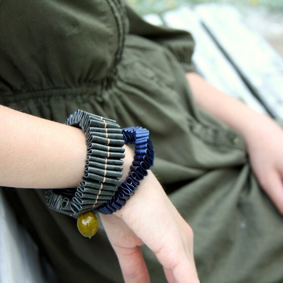 Rustic olive green memory wire bracelet. Faux leather bracelet. Bangle bracelet. Cuff bracelet. One size bracelet. Fall 2012.