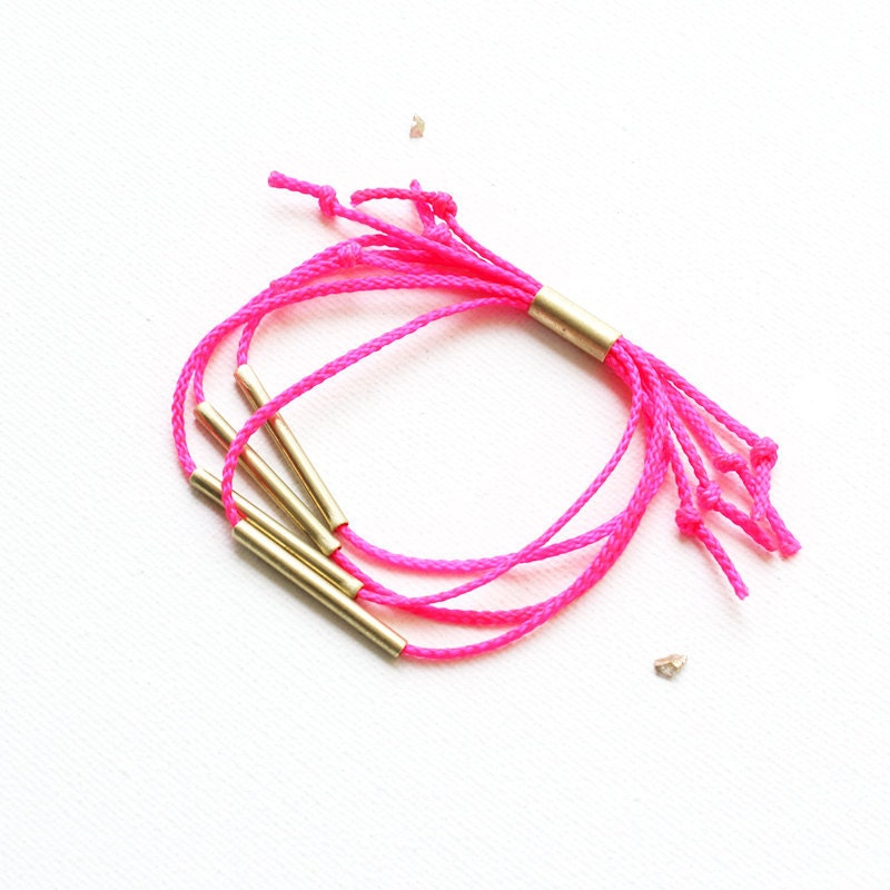 Neon Brass Strands Bracelet / pink or yellow stacking bracelet / bright geometric jewelry / knot & tube closure, handmade beads