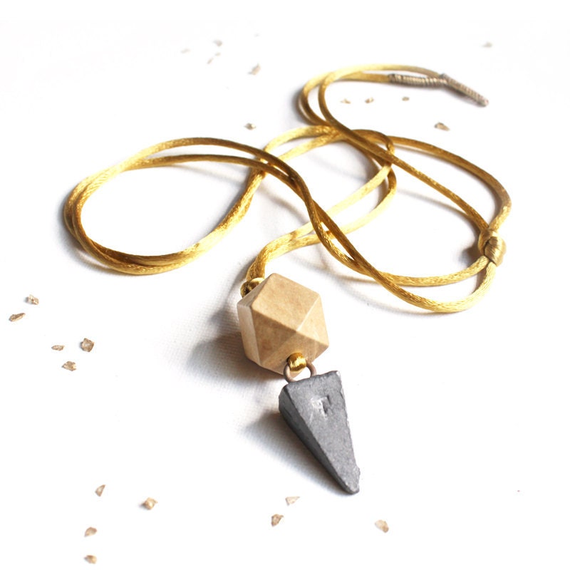 CENTERED GEODE NECKLACE  / vintage pyramidal weight & wooden geode bead on extra long yellow cord with African bead detail - Limited Edition - SOFTGOLDSTUDIO