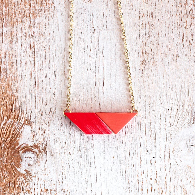RED PUZZLE PENDANT / geometric bright red & coral pendant necklace made from wood tangram puzzle shapes on gold chain
