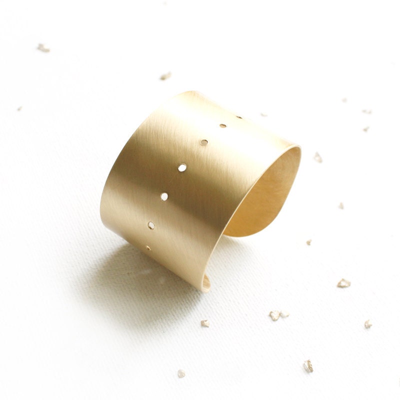 Wide Gold Pierced Cuff / brushed brass statement bracelet with dots / geometric jewelry / spring fashion