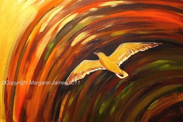 Original surreal animal bird painting. Acrylic artwork of Golden Seagull