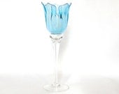 Vintage Glass Flower Petal Aquamarine Blue HandblownGlass Pedestal Stem Votive Candle Holder