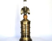 Vintage Americana Eagle Lamp Mid Century Modern Eclectic Early American Style  Wooden Brushed Brass Lantern Inspired Base