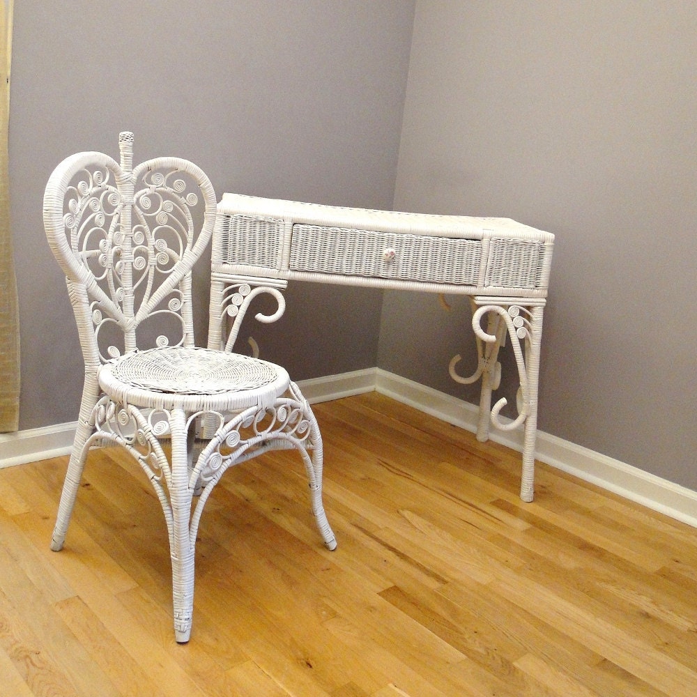 Vintage Wicker Desk Shabby Chic Romance Vanity Inspired Hearts Chair Scroll Tendril Woven Wicker Eclectic Bohemian Decor