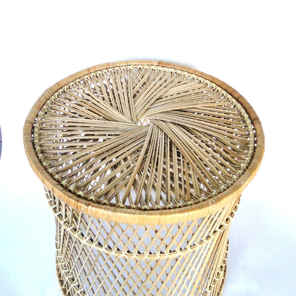 Vintage Rattan Table Bohemian Chic Eclectic Stool Seating Home Decor Peacock Fan Chair & Couch Companion Natural Table Plant Stand
