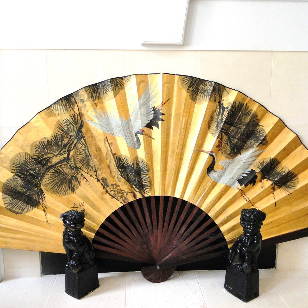 Vintage Fan Art Chinoiserie Rice Paper Wall Hanging Fireplace Screen Asian Signed Hollywood Regency Golden Parchment Eclectic Home Decor