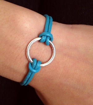 Ocean Blue Leather  Bracelet  With  Silver Ring and Anchor charm bracelet