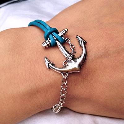 Ocean Blue Leather Bracelet With Anchor charm bracelet