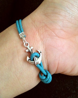 Ocean Blue Leather  Bracelet  With  Silver Ring and Anchor charm bracelet