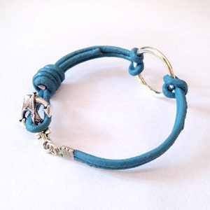 Ocean Blue Leather  Bracelet  With  Silver Ring and Anchor charm bracelet