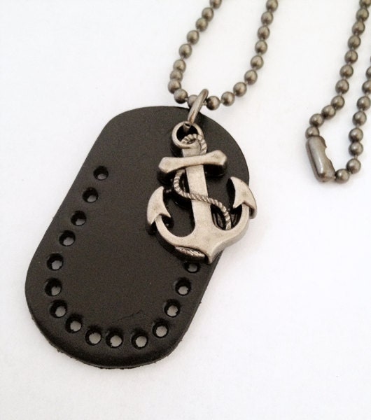 Nautical Anchor with Black leather Tag Charm Necklace - Silver Anchor
