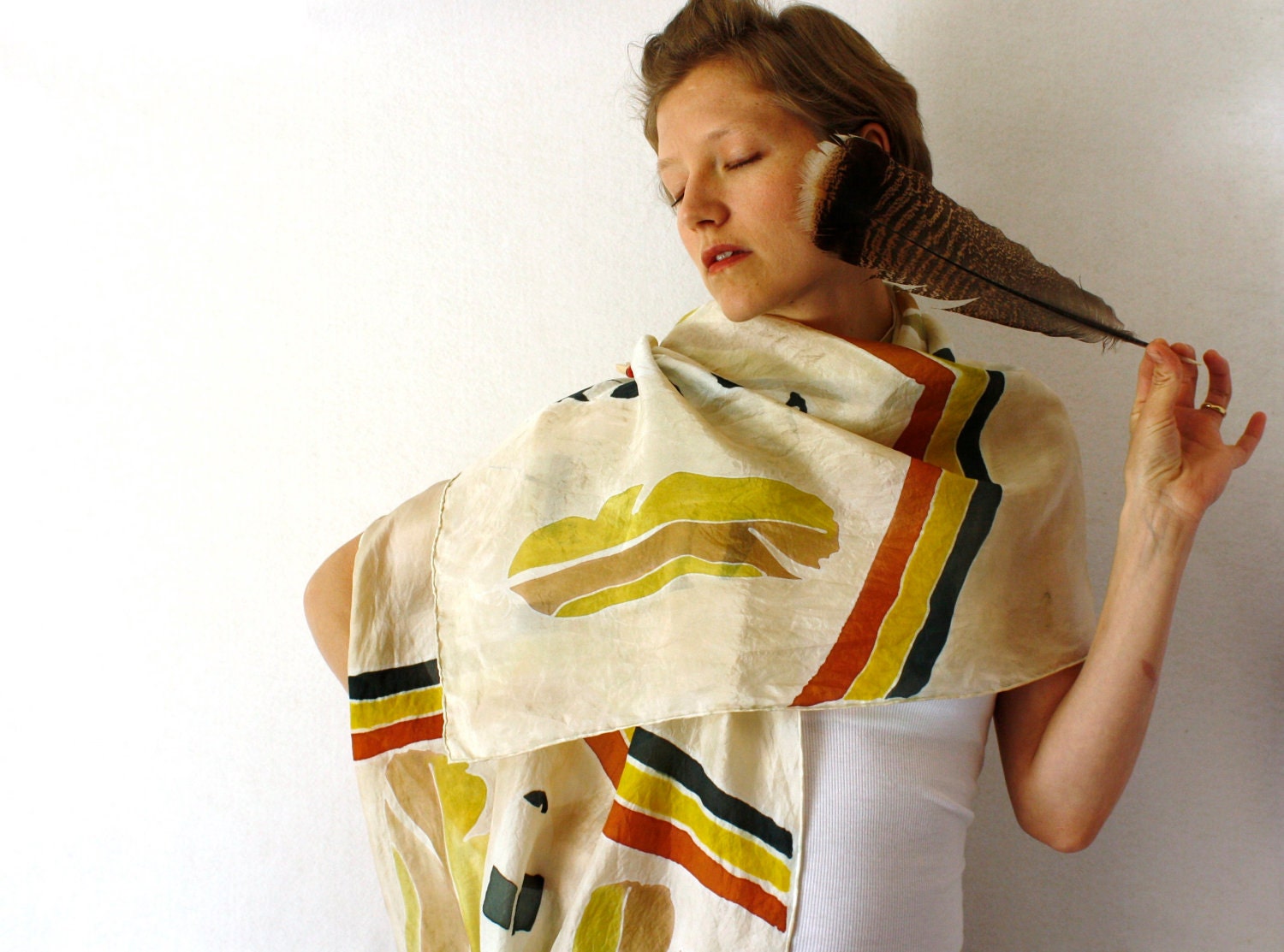 Brown Silk Scarf - Feathers- Chevron Scarf - Hand Painted Silk Scarf - Spring Fashion- Tribal Silk Scarf