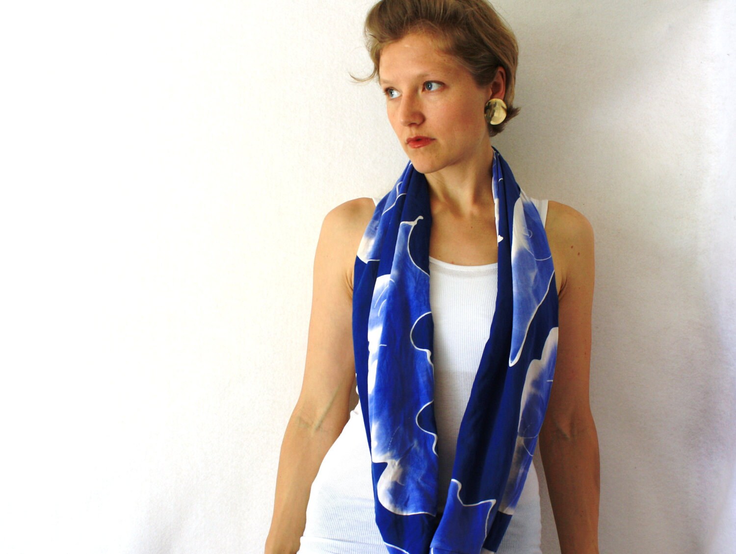 Up-cycled Blue Circle Scarf- Blue Batik - Spring Fashion - Blue and White Infinity Scarf- Loop Scarf