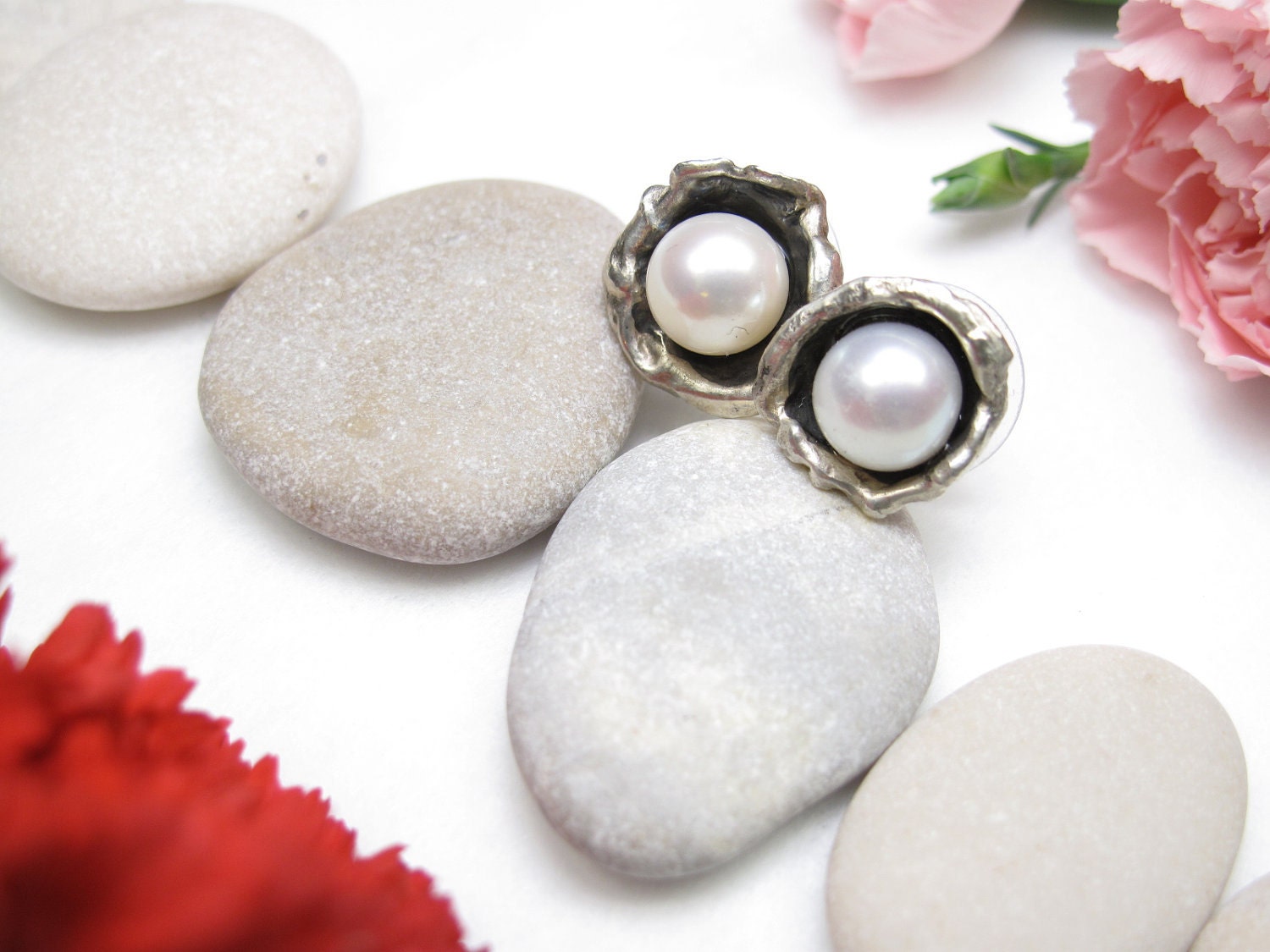 Sterling Silver Freshwater Cultured Pearl Drop Metal Stud Earrings