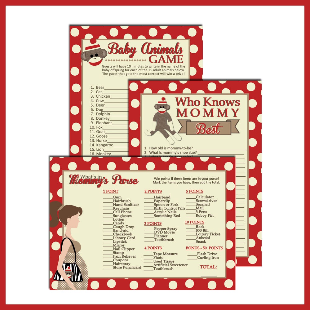 PRINTABLE Baby Shower Games for Sock Monkey baby shower