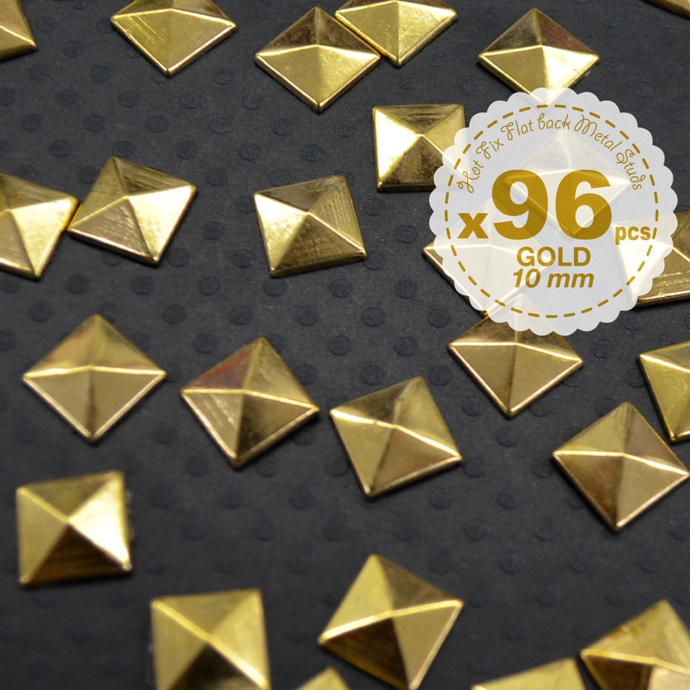 New - 96 pcs - Iron on Studs - Gold - Shiny polished - Hot fix - Pyramid Studs Metal - iPhone case -Punk ROCK Biker Spikes