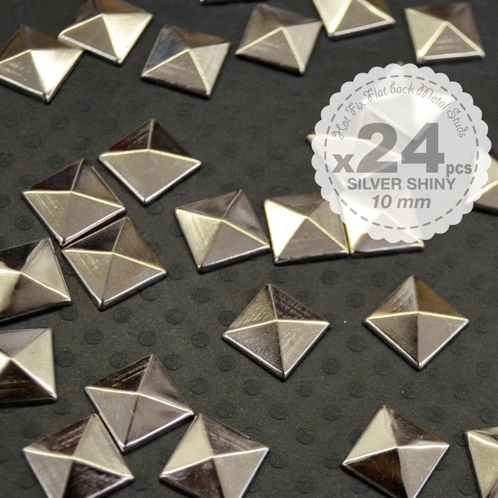 New - 24 pcs - Iron on Studs - Silver - Shiny polished - Hot fix - Pyramid Studs Metal - iPhone case -Punk ROCK Bike