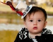 White and Black Mini Top Hat Fascinator With Red Accents