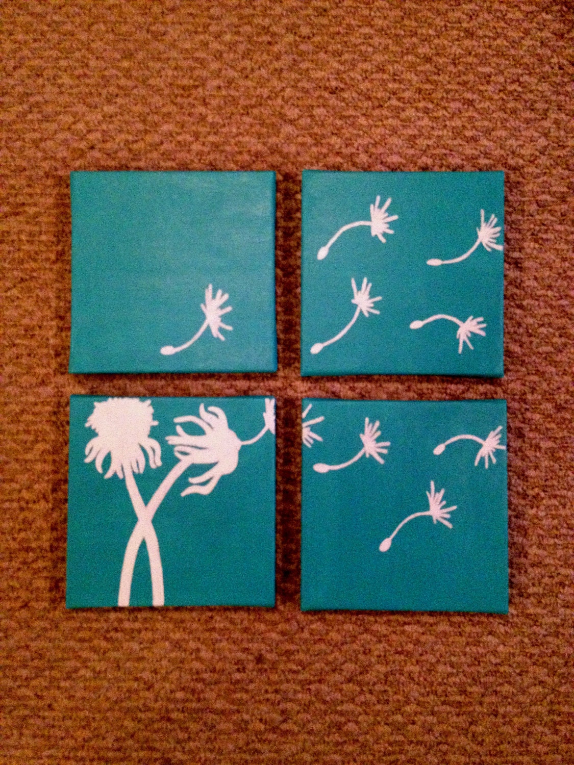 Adorable Baby Blue & White Blowing Dandelion Painting on Four 8"x8" Canvases-NOT A PRINT.