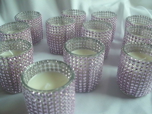 Votives - Set of 12-  Light Pink Mesh Bling Glass Votive Candles
