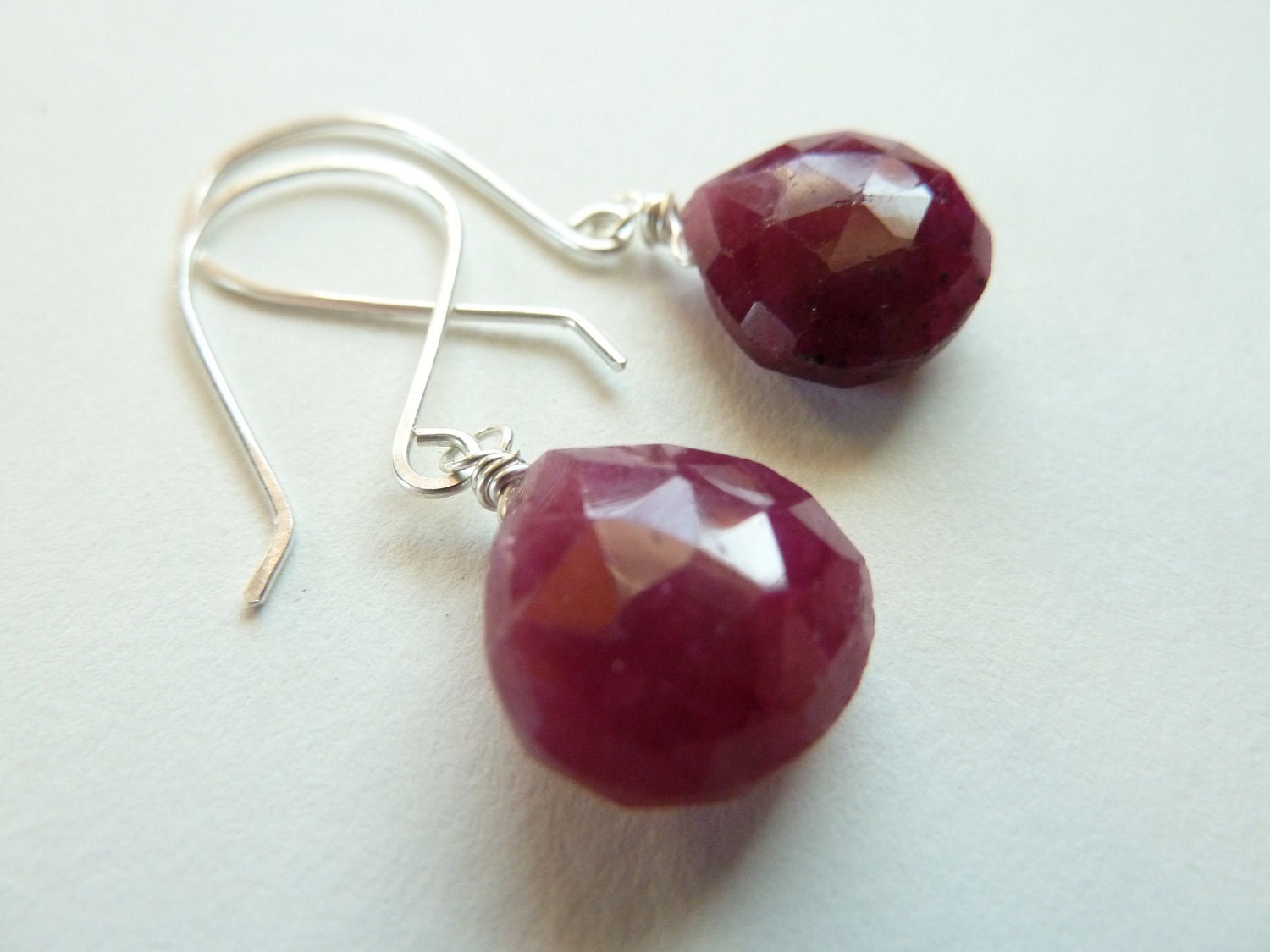 Ruby Earrings, Sterling Silver, Genuine Ruby, wire wrapped, feminine, modern