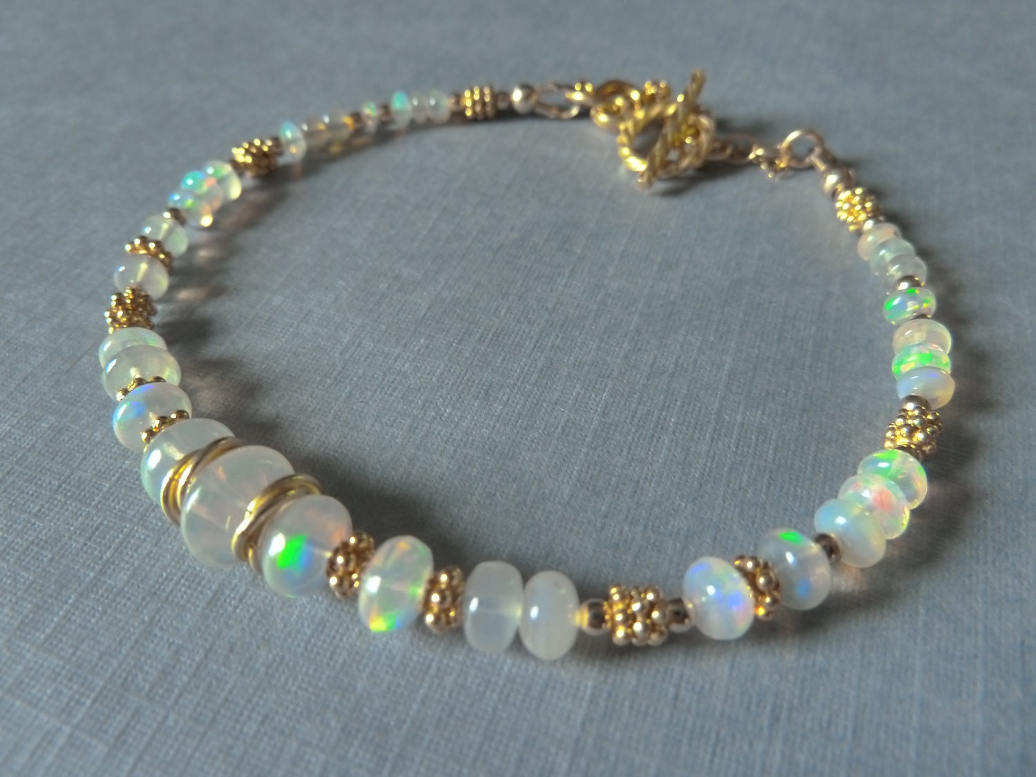 Opal Bracelet, Ethiopian Fire Opals, Gold Filled Spacers and Toggle Clasp