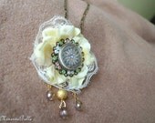 Lace fabric flower with antique button neckalce