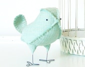 Ida - Fabric Bird in Vintage Mint Green and Tan, Wedding Cake Topper Love Bird, Baby Nursery Decor, Soft Sculpture - Made to Order