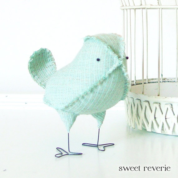 Ida - Fabric Bird in Vintage Mint Green and Tan, Wedding Cake Topper Love Bird, Baby Nursery Decor, Soft Sculpture - Made to Order