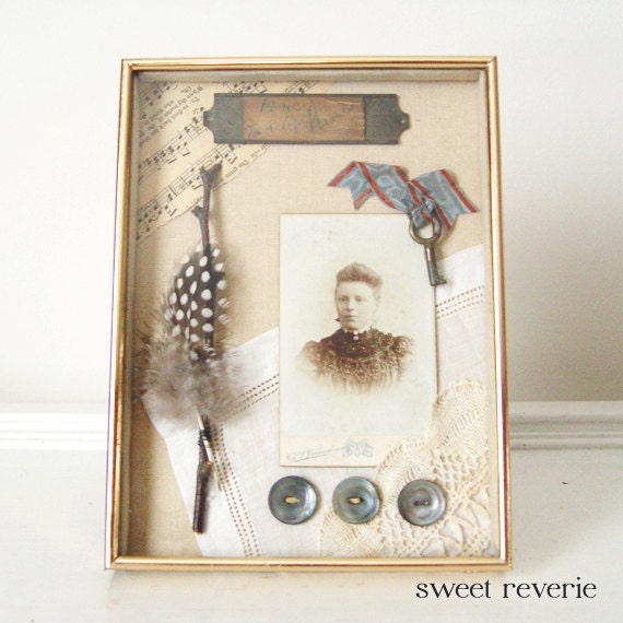 OOAK Vintage and Antique Found Objects Collage Assemblage in Gold Shadow Box Frame